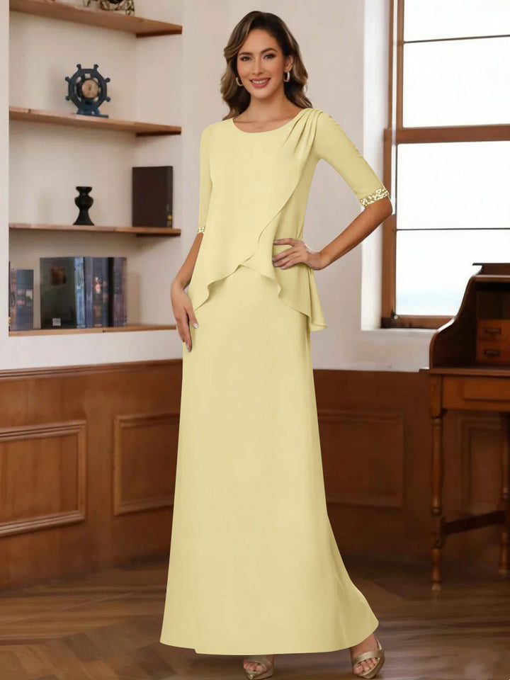 Sheath/Column Scoop Chiffon Mother of the Bride Dresses Ankle-Length Half Sleeves Sequins Ruched