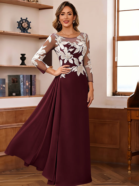 Sheath/Column Scoop Chiffon Mother of the Bride Dresses Ankle-Length Floral 3/4 Sleeves Lace Flower with Overskirt