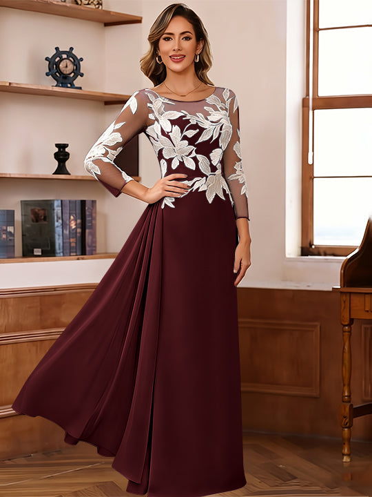Sheath/Column Scoop Chiffon Mother of the Bride Dresses Ankle-Length Floral 3/4 Sleeves Lace Flower with Overskirt