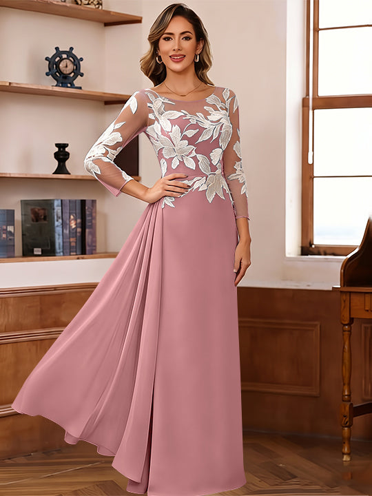 Sheath/Column Scoop Chiffon Mother of the Bride Dresses Ankle-Length Floral 3/4 Sleeves Lace Flower with Overskirt
