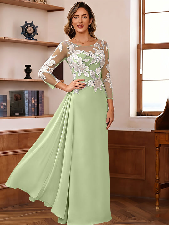 Sheath/Column Scoop Chiffon Mother of the Bride Dresses Ankle-Length Floral 3/4 Sleeves Lace Flower with Overskirt