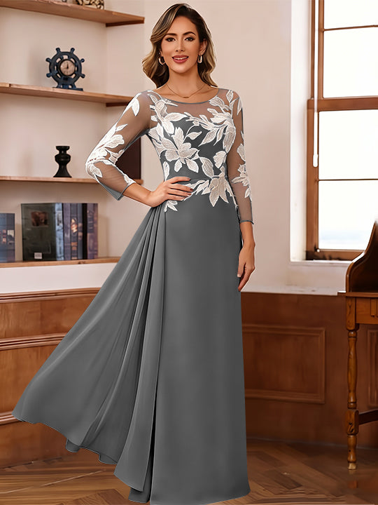 Sheath/Column Scoop Chiffon Mother of the Bride Dresses Ankle-Length Floral 3/4 Sleeves Lace Flower with Overskirt