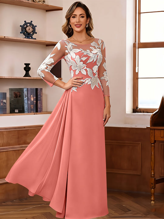 Sheath/Column Scoop Chiffon Mother of the Bride Dresses Ankle-Length Floral 3/4 Sleeves Lace Flower with Overskirt