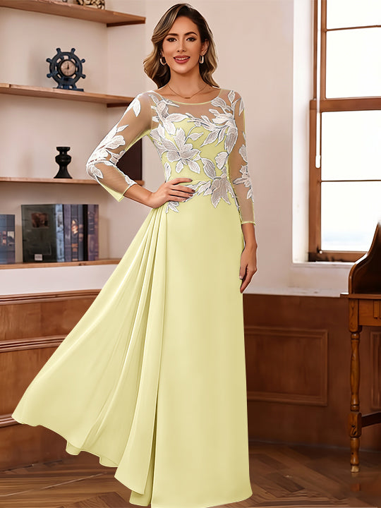 Sheath/Column Scoop Chiffon Mother of the Bride Dresses Ankle-Length Floral 3/4 Sleeves Lace Flower with Overskirt