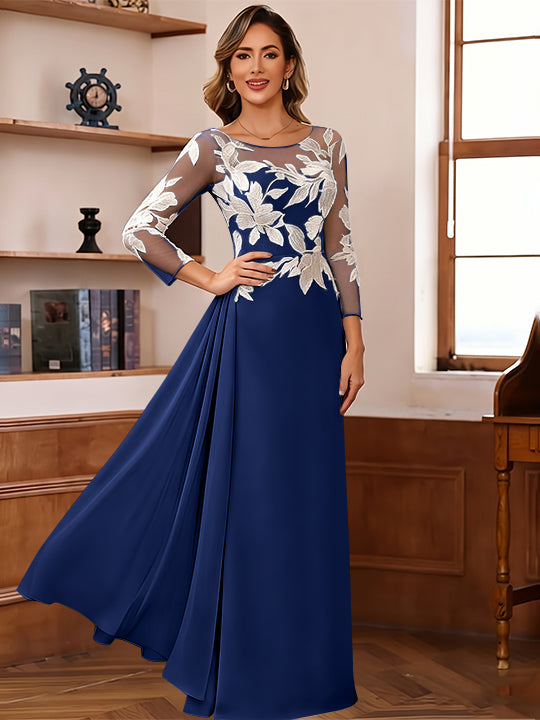 Sheath/Column Scoop Chiffon Mother of the Bride Dresses Ankle-Length Floral 3/4 Sleeves Lace Flower with Overskirt