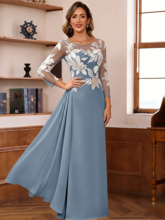 Sheath/Column Scoop Chiffon Mother of the Bride Dresses Ankle-Length Floral 3/4 Sleeves Lace Flower with Overskirt