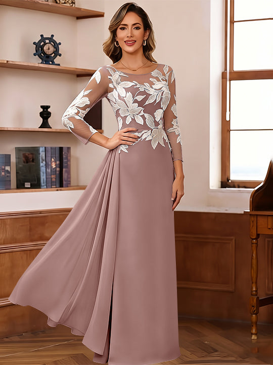 Sheath/Column Scoop Chiffon Mother of the Bride Dresses Ankle-Length Floral 3/4 Sleeves Lace Flower with Overskirt