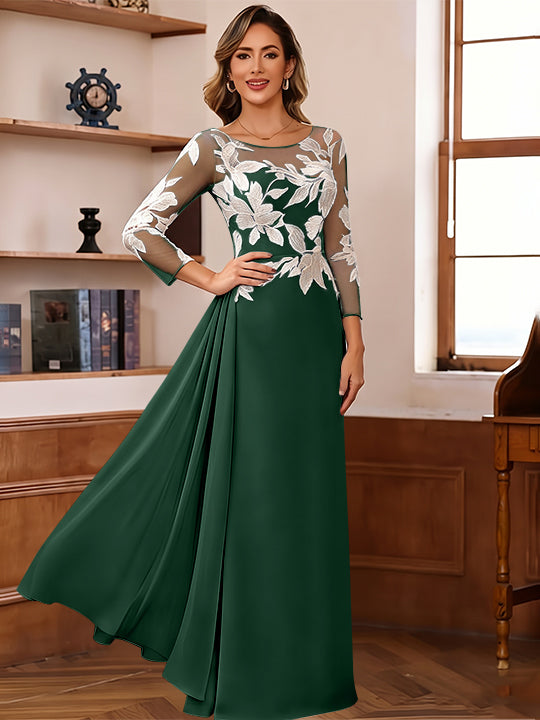 Sheath/Column Scoop Chiffon Mother of the Bride Dresses Ankle-Length Floral 3/4 Sleeves Lace Flower with Overskirt