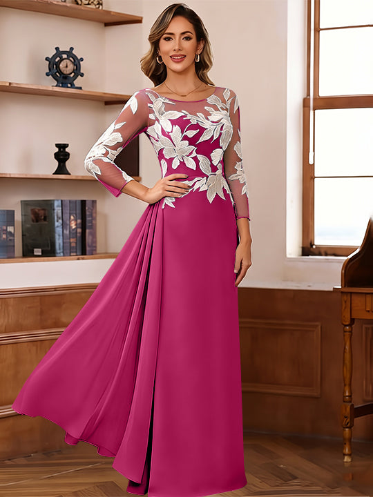 Sheath/Column Scoop Chiffon Mother of the Bride Dresses Ankle-Length Floral 3/4 Sleeves Lace Flower with Overskirt