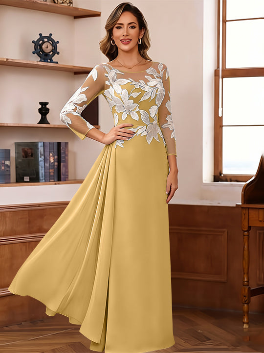 Sheath/Column Scoop Chiffon Mother of the Bride Dresses Ankle-Length Floral 3/4 Sleeves Lace Flower with Overskirt