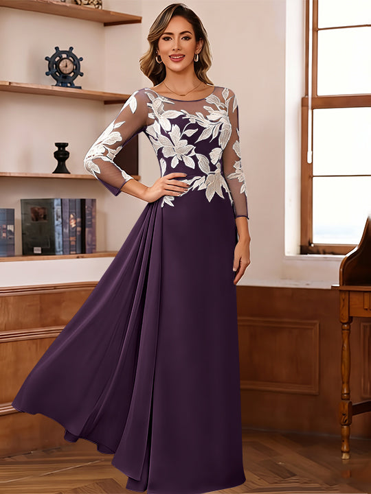Sheath/Column Scoop Chiffon Mother of the Bride Dresses Ankle-Length Floral 3/4 Sleeves Lace Flower with Overskirt