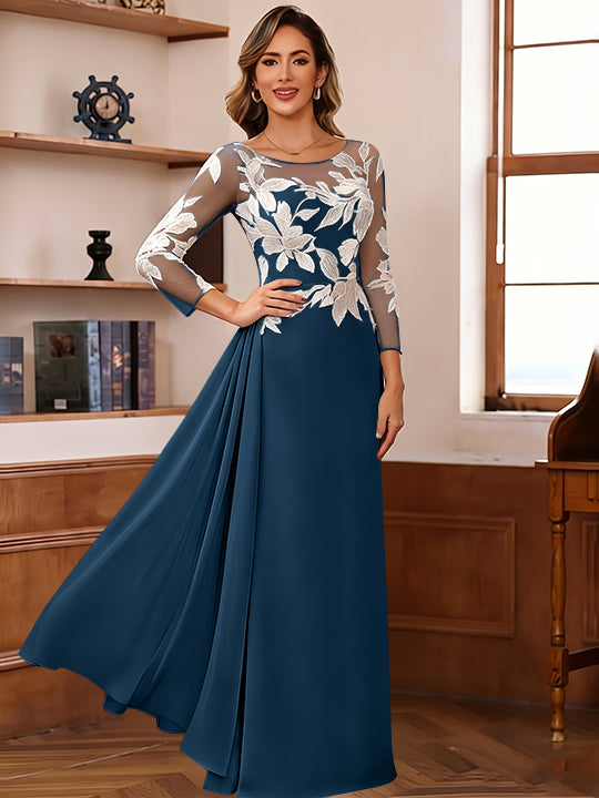 Sheath/Column Scoop Chiffon Mother of the Bride Dresses Ankle-Length Floral 3/4 Sleeves Lace Flower with Overskirt