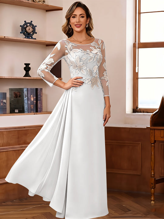 Sheath/Column Scoop Chiffon Mother of the Bride Dresses Ankle-Length Floral 3/4 Sleeves Lace Flower with Overskirt