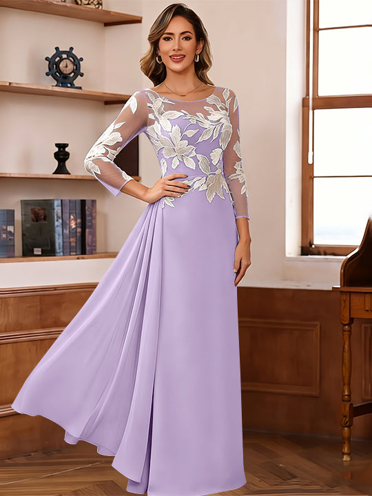 Sheath/Column Scoop Chiffon Mother of the Bride Dresses Ankle-Length Floral 3/4 Sleeves Lace Flower with Overskirt