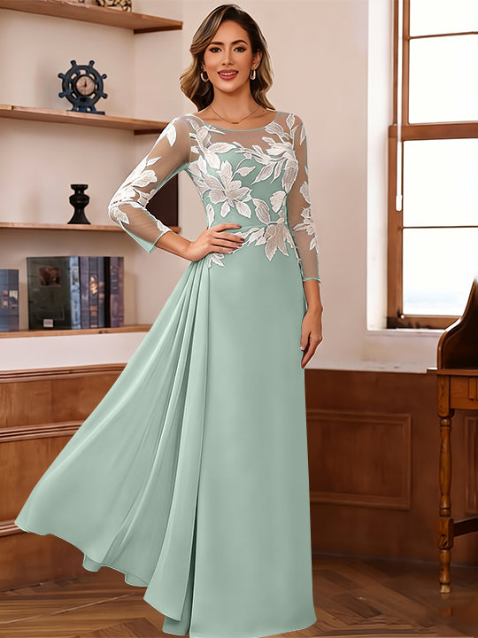 Sheath/Column Scoop Chiffon Mother of the Bride Dresses Ankle-Length Floral 3/4 Sleeves Lace Flower with Overskirt