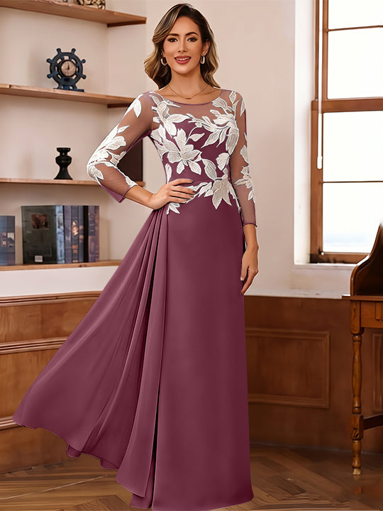 Sheath/Column Scoop Chiffon Mother of the Bride Dresses Ankle-Length Floral 3/4 Sleeves Lace Flower with Overskirt