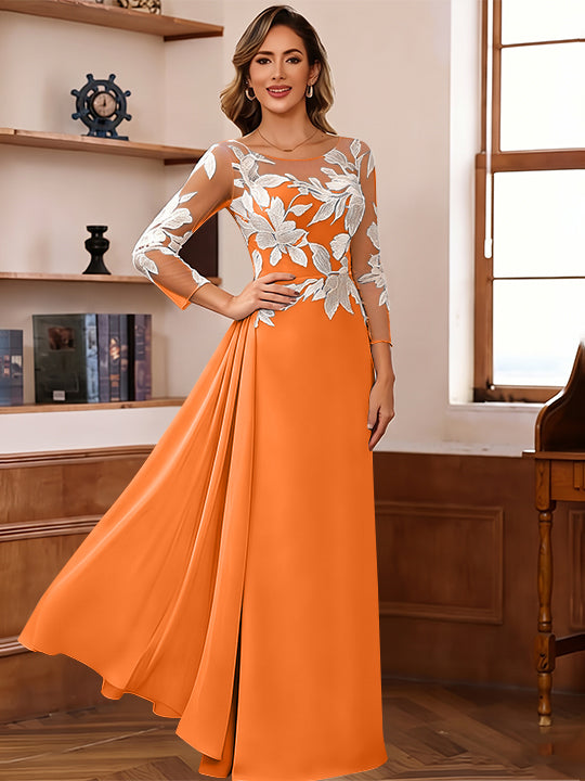 Sheath/Column Scoop Chiffon Mother of the Bride Dresses Ankle-Length Floral 3/4 Sleeves Lace Flower with Overskirt