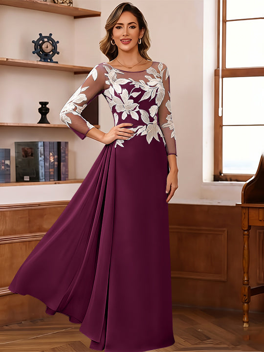 Sheath/Column Scoop Chiffon Mother of the Bride Dresses Ankle-Length Floral 3/4 Sleeves Lace Flower with Overskirt