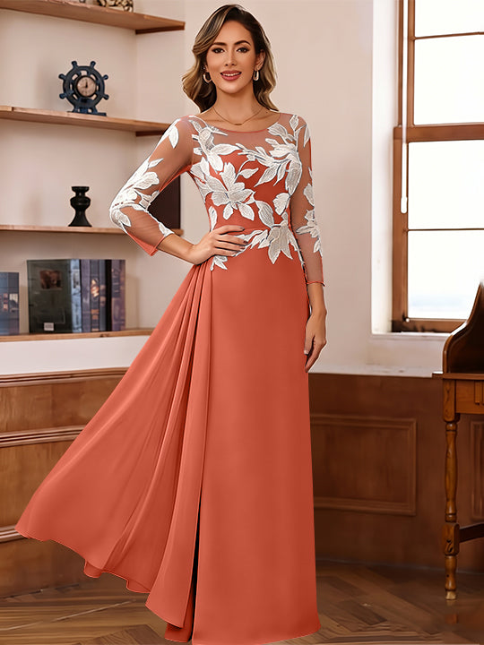 Sheath/Column Scoop Chiffon Mother of the Bride Dresses Ankle-Length Floral 3/4 Sleeves Lace Flower with Overskirt