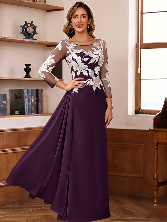 Sheath/Column Scoop Chiffon Mother of the Bride Dresses Ankle-Length Floral 3/4 Sleeves Lace Flower with Overskirt