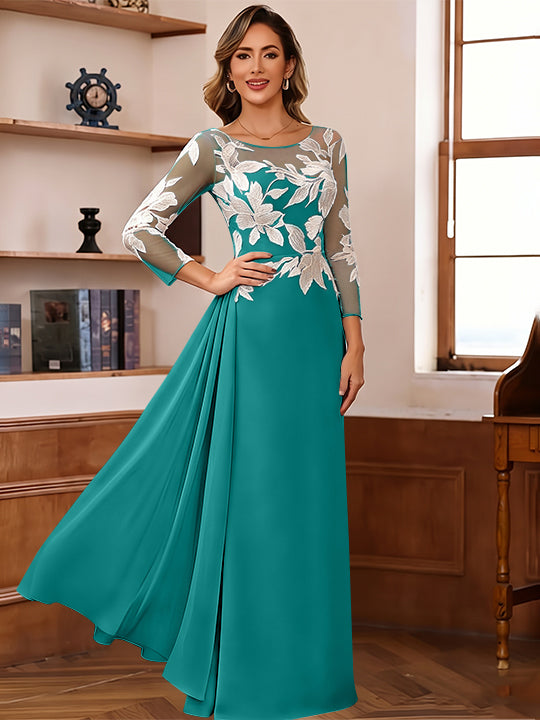 Sheath/Column Scoop Chiffon Mother of the Bride Dresses Ankle-Length Floral 3/4 Sleeves Lace Flower with Overskirt