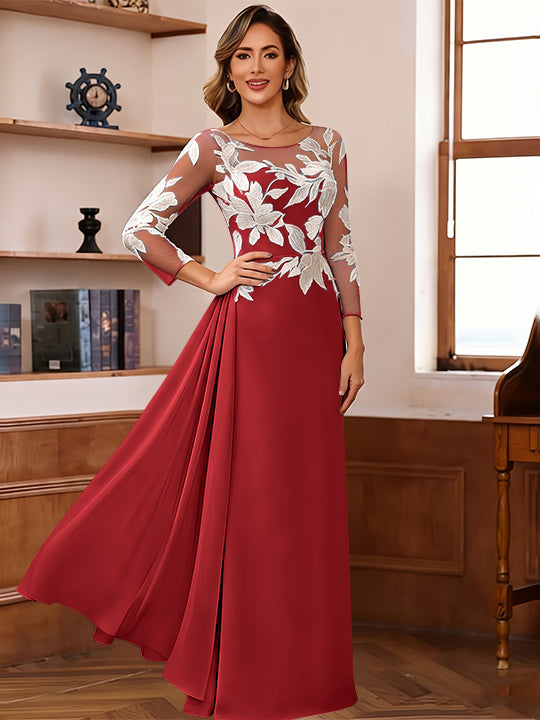 Sheath/Column Scoop Chiffon Mother of the Bride Dresses Ankle-Length Floral 3/4 Sleeves Lace Flower with Overskirt