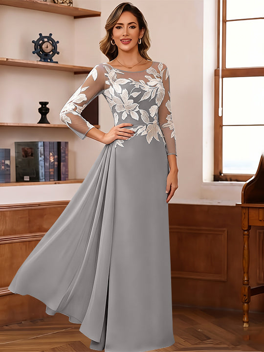 Sheath/Column Scoop Chiffon Mother of the Bride Dresses Ankle-Length Floral 3/4 Sleeves Lace Flower with Overskirt