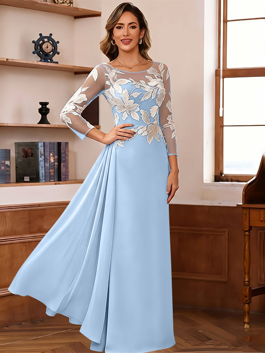 Sheath/Column Scoop Chiffon Mother of the Bride Dresses Ankle-Length Floral 3/4 Sleeves Lace Flower with Overskirt