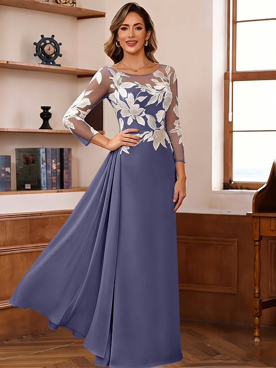 Sheath/Column Scoop Chiffon Mother of the Bride Dresses Ankle-Length Floral 3/4 Sleeves Lace Flower with Overskirt