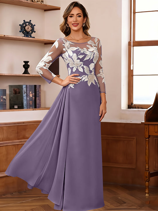 Sheath/Column Scoop Chiffon Mother of the Bride Dresses Ankle-Length Floral 3/4 Sleeves Lace Flower with Overskirt