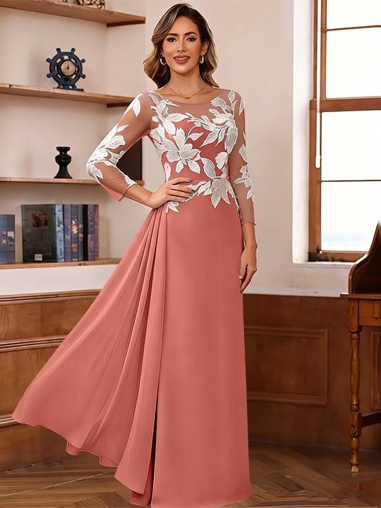 Sheath/Column Scoop Chiffon Mother of the Bride Dresses Ankle-Length Floral 3/4 Sleeves Lace Flower with Overskirt