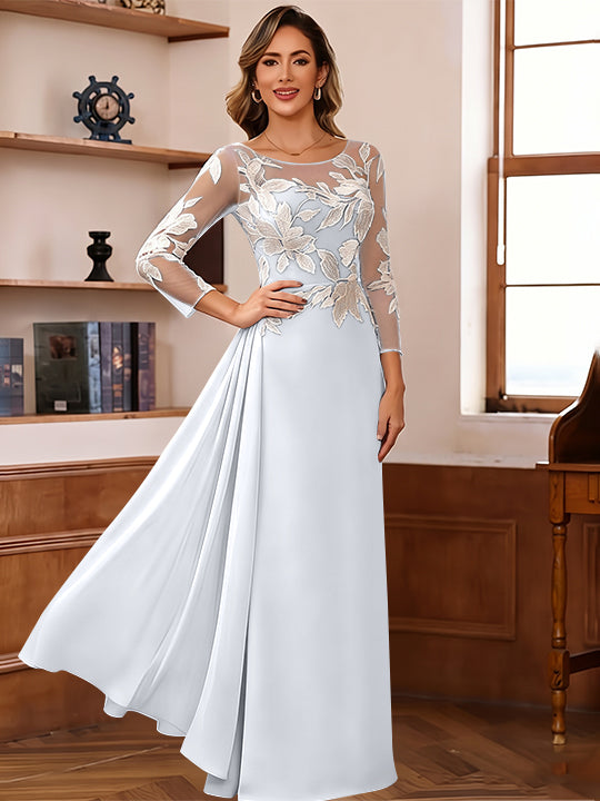 Sheath/Column Scoop Chiffon Mother of the Bride Dresses Ankle-Length Floral 3/4 Sleeves Lace Flower with Overskirt
