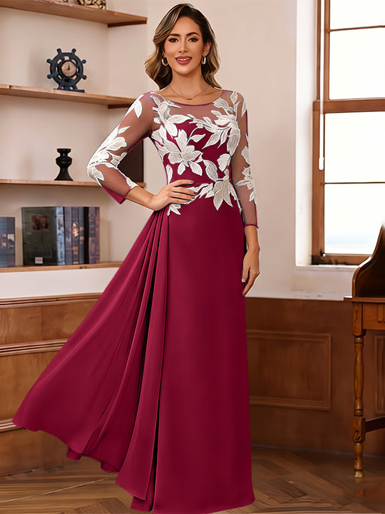 Sheath/Column Scoop Chiffon Mother of the Bride Dresses Ankle-Length Floral 3/4 Sleeves Lace Flower with Overskirt