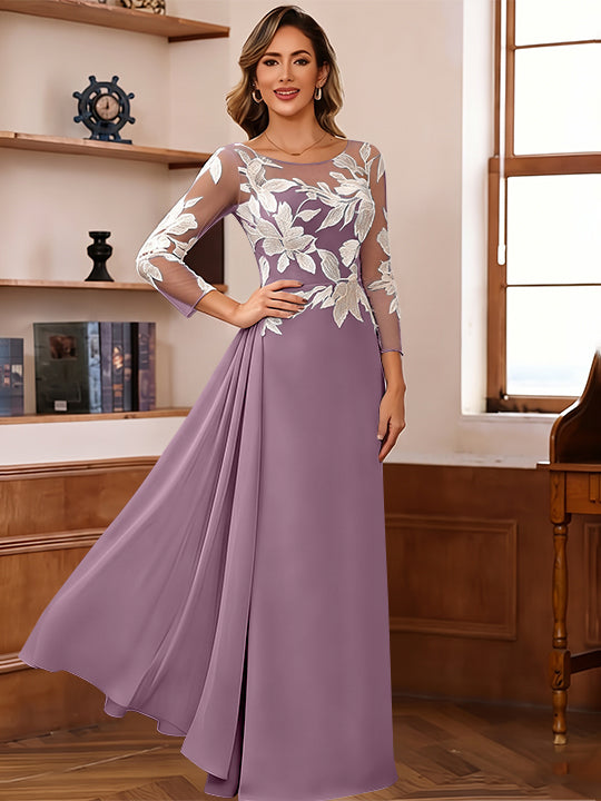 Sheath/Column Scoop Chiffon Mother of the Bride Dresses Ankle-Length Floral 3/4 Sleeves Lace Flower with Overskirt