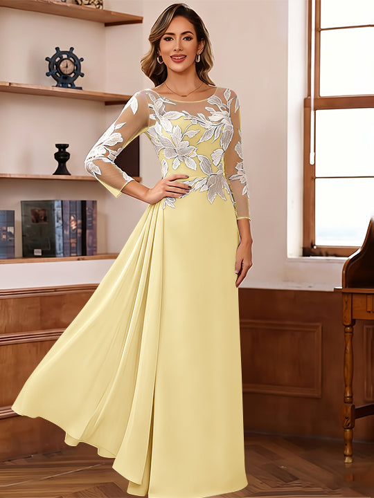 Sheath/Column Scoop Chiffon Mother of the Bride Dresses Ankle-Length Floral 3/4 Sleeves Lace Flower with Overskirt