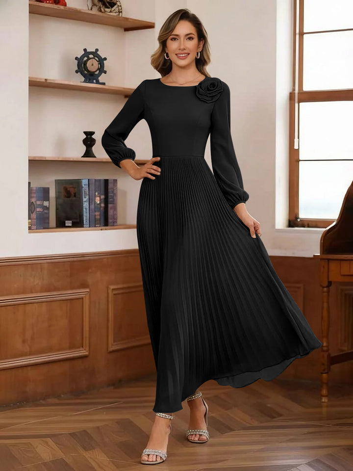 A-Line/Princess Scoop Chiffon Mother of the Bride Dresses Ankle-Length Pleated Floral Long Sleeves Flower