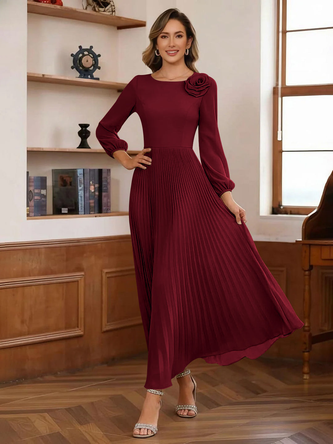 A-Line/Princess Scoop Chiffon Mother of the Bride Dresses Ankle-Length Pleated Floral Long Sleeves Flower