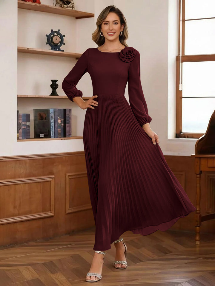 A-Line/Princess Scoop Chiffon Mother of the Bride Dresses Ankle-Length Pleated Floral Long Sleeves Flower
