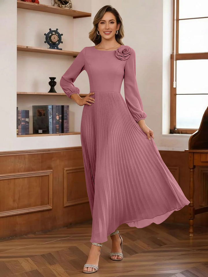 A-Line/Princess Scoop Chiffon Mother of the Bride Dresses Ankle-Length Pleated Floral Long Sleeves Flower