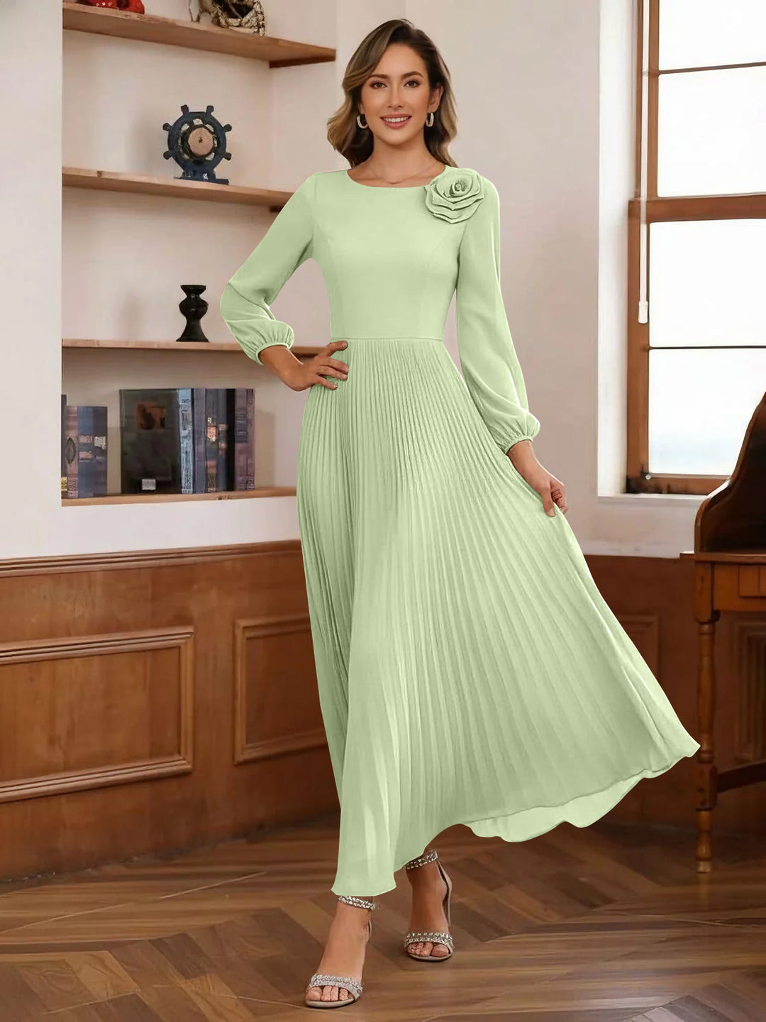 A-Line/Princess Scoop Chiffon Mother of the Bride Dresses Ankle-Length Pleated Floral Long Sleeves Flower