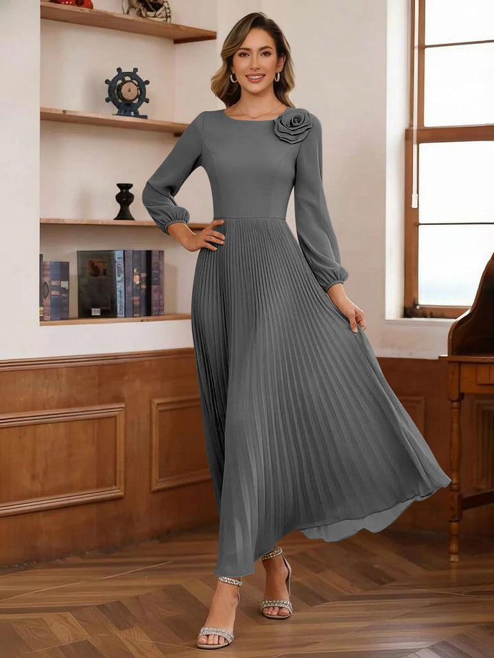 A-Line/Princess Scoop Chiffon Mother of the Bride Dresses Ankle-Length Pleated Floral Long Sleeves Flower