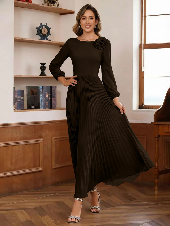A-Line/Princess Scoop Chiffon Mother of the Bride Dresses Ankle-Length Pleated Floral Long Sleeves Flower