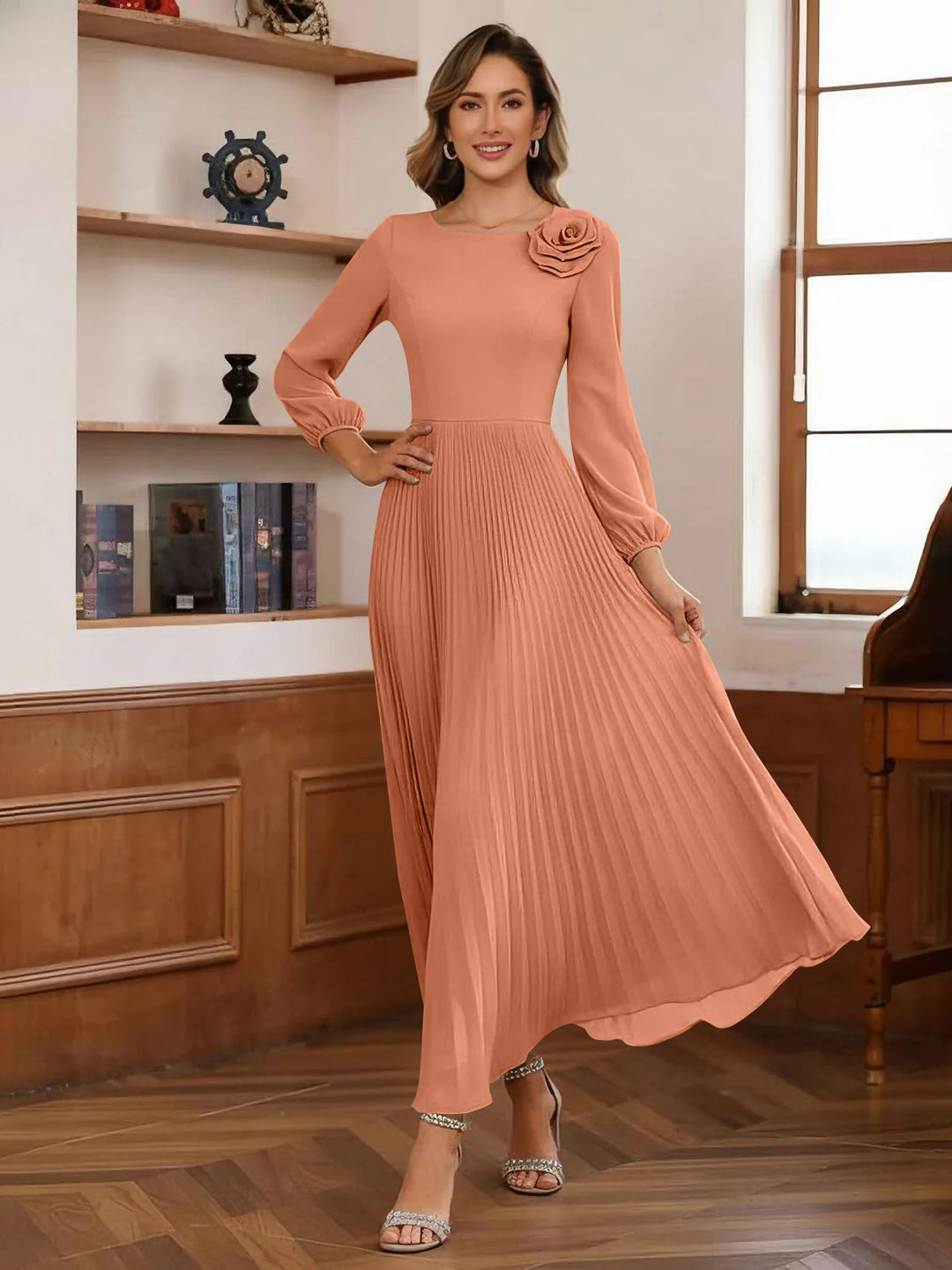 A-Line/Princess Scoop Chiffon Mother of the Bride Dresses Ankle-Length Pleated Floral Long Sleeves Flower Pearl Pink