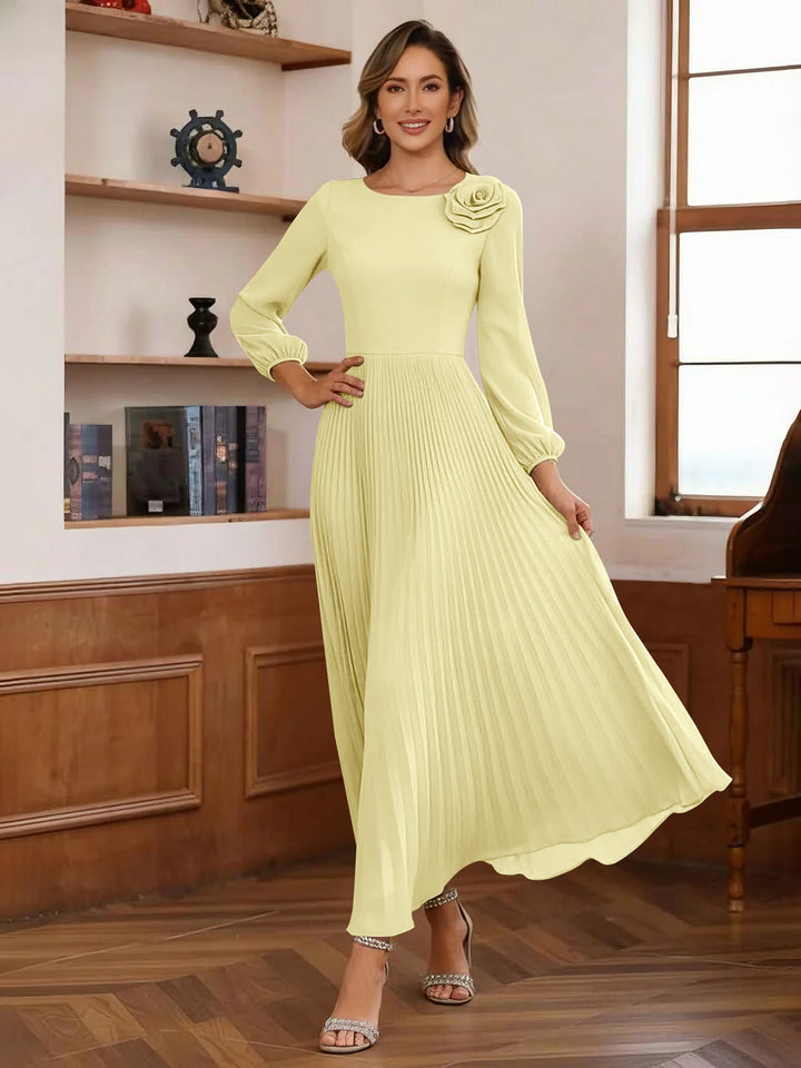 A-Line/Princess Scoop Chiffon Mother of the Bride Dresses Ankle-Length Pleated Floral Long Sleeves Flower