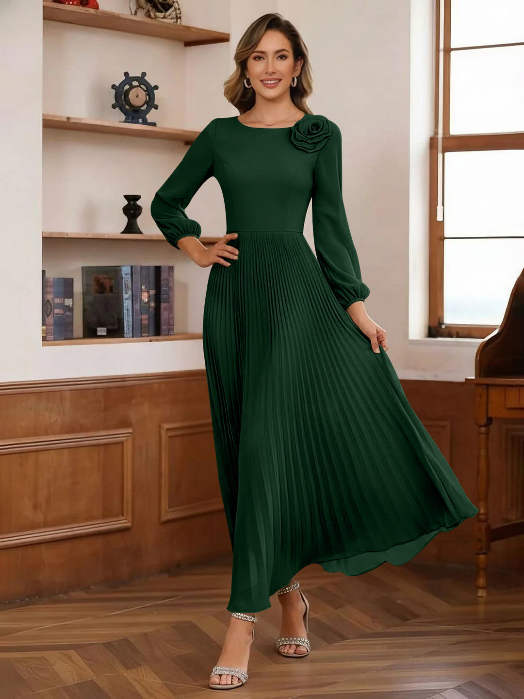 A-Line/Princess Scoop Chiffon Mother of the Bride Dresses Ankle-Length Pleated Floral Long Sleeves Flower