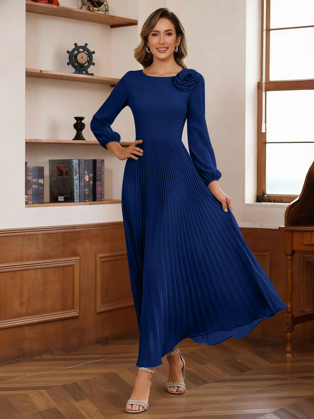 A-Line/Princess Scoop Chiffon Mother of the Bride Dresses Ankle-Length Pleated Floral Long Sleeves Flower