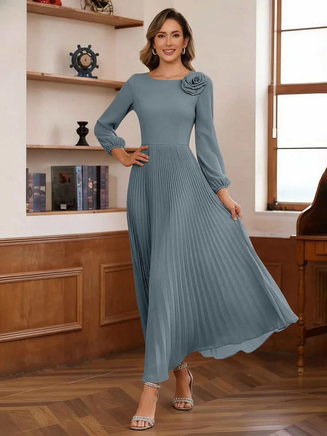 A-Line/Princess Scoop Chiffon Mother of the Bride Dresses Ankle-Length Pleated Floral Long Sleeves Flower Silver