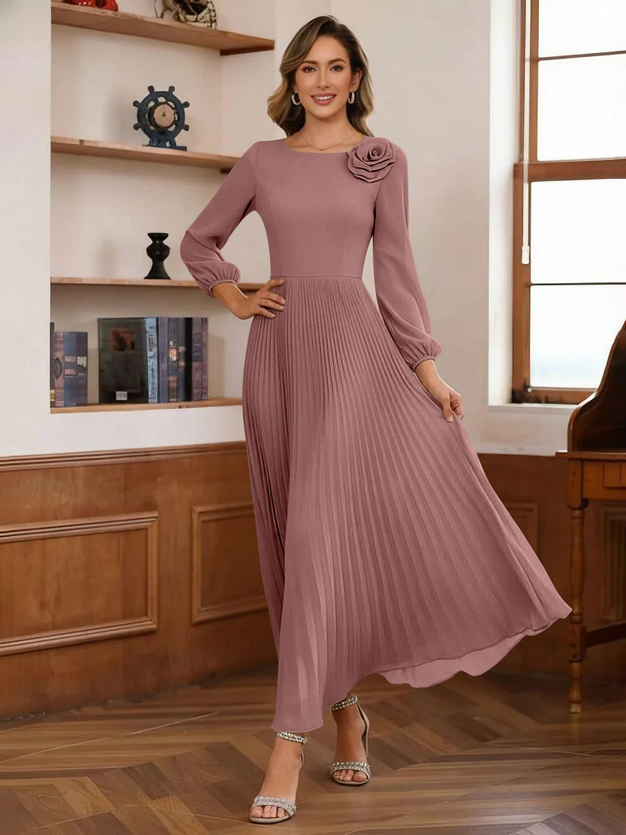 A-Line/Princess Scoop Chiffon Mother of the Bride Dresses Ankle-Length Pleated Floral Long Sleeves Flower
