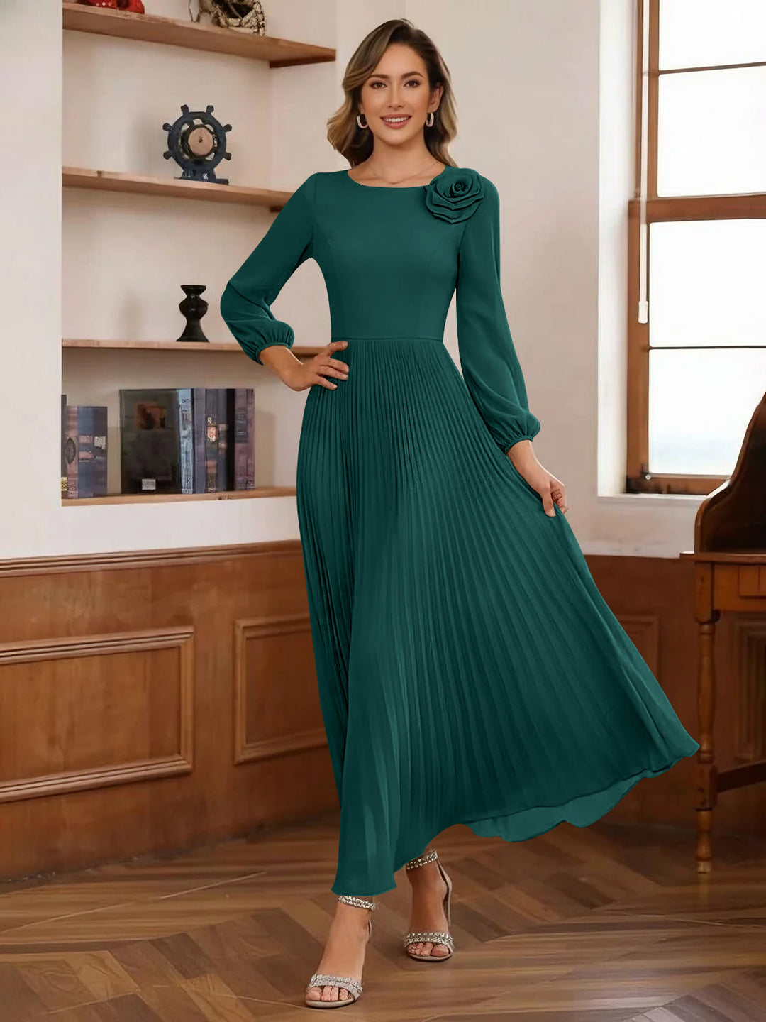 A-Line/Princess Scoop Chiffon Mother of the Bride Dresses Ankle-Length Pleated Floral Long Sleeves Flower