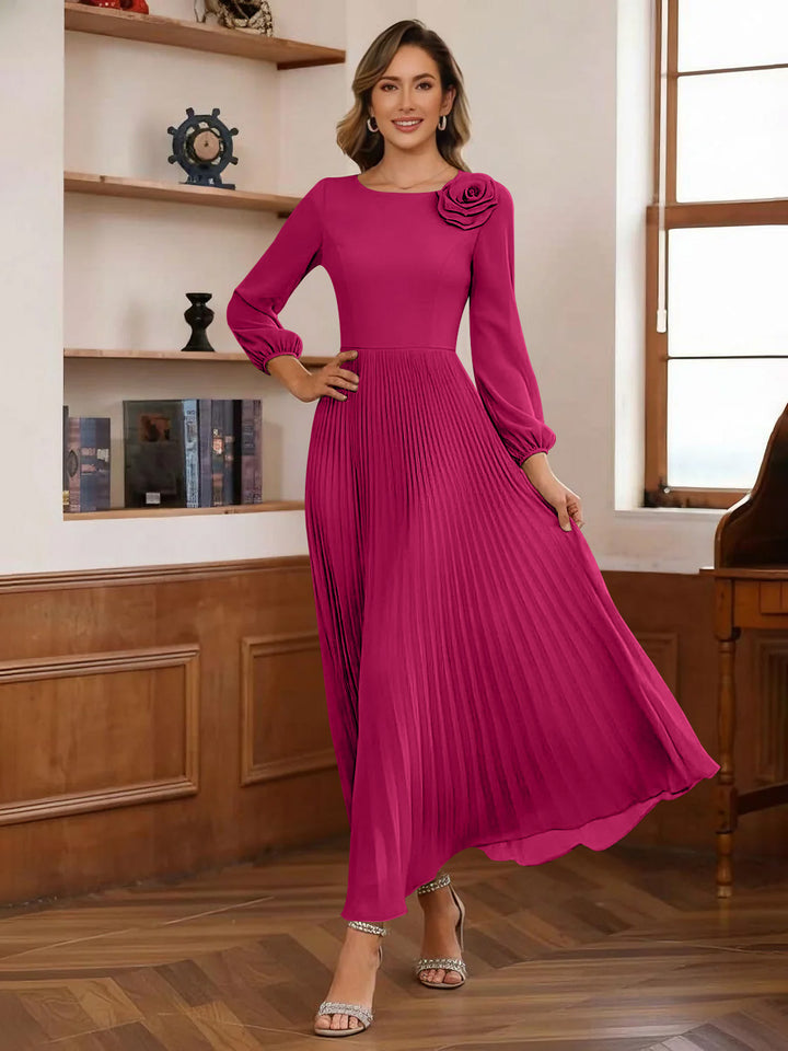 A-Line/Princess Scoop Chiffon Mother of the Bride Dresses Ankle-Length Pleated Floral Long Sleeves Flower